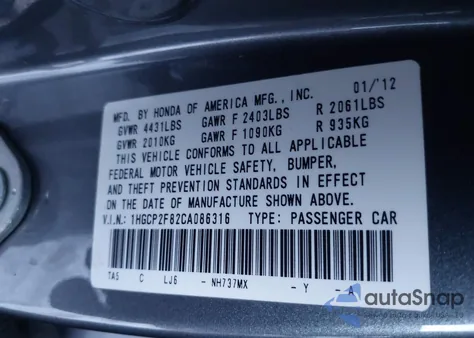2012 Honda Accord 2.4 Ex-L z USA, uszkodzony, nr VIN 1HGCP2F82CA086316